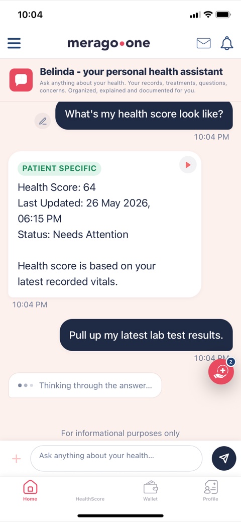 Belinda chat: the user asks what their health score looks like and to pull up their latest lab results