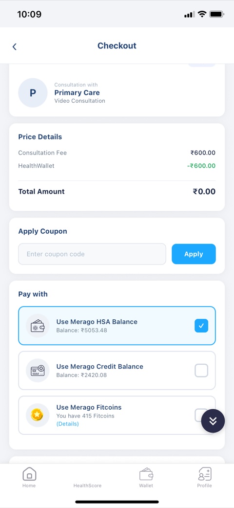 Checkout screen paying for the consultation with the Merago HSA wallet, total zero