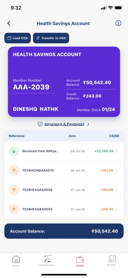Health Savings Account: balance, credit and a history of payments and top-ups