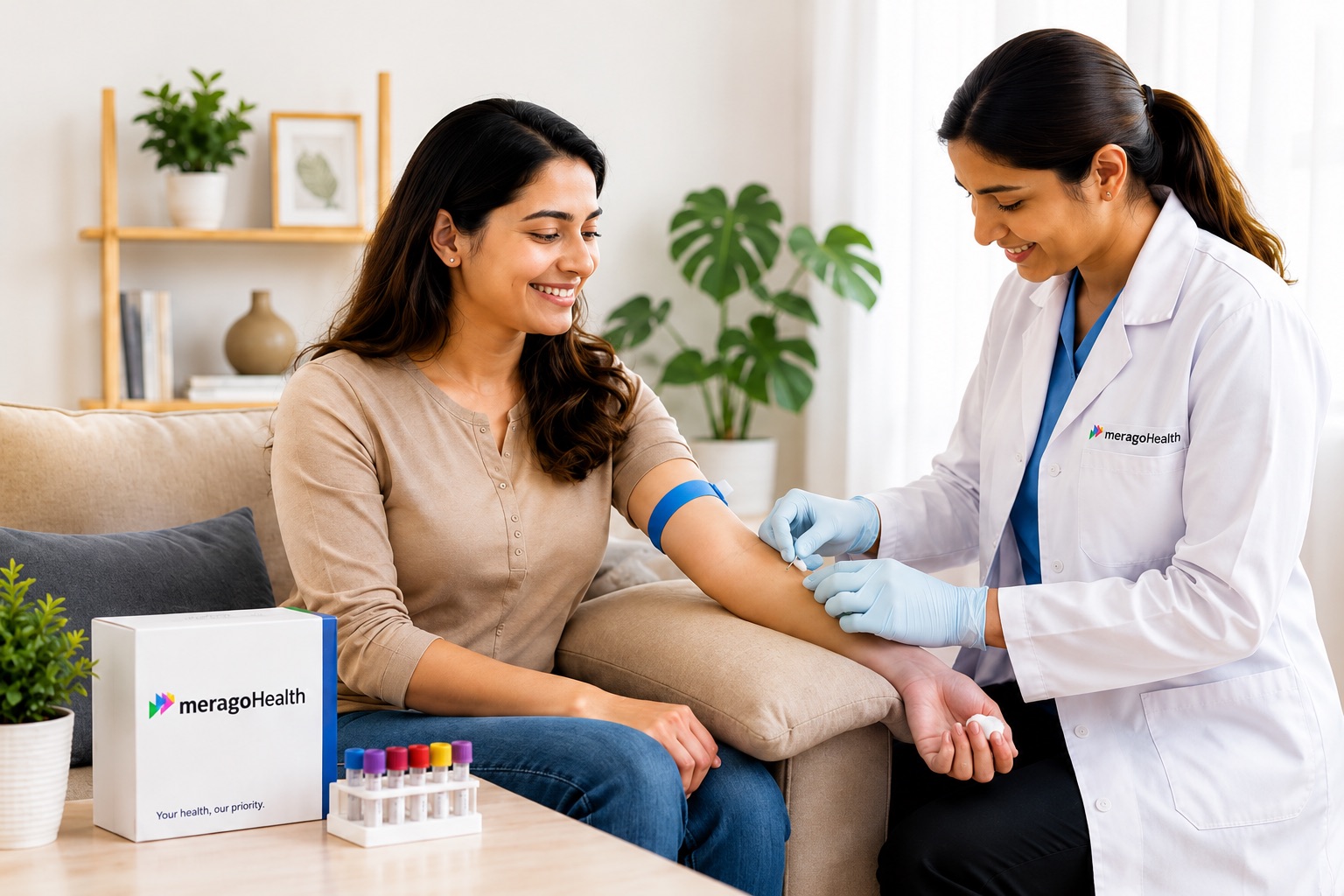 A meragoHealth phlebotomist collecting a blood sample at a patient's home